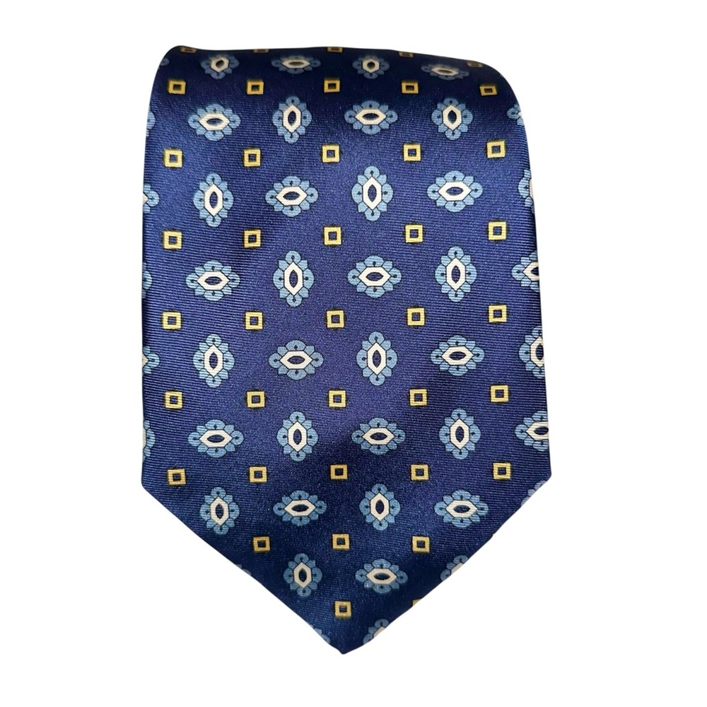 NWT Lands’ End Mens Tie Silk Blue Yellow Hexagon Floral Handsewn 58x4” USA